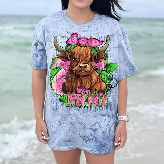 Watermelon Water MOO Lin brown highland cow - DTF TRANSFER ONLY * SSD