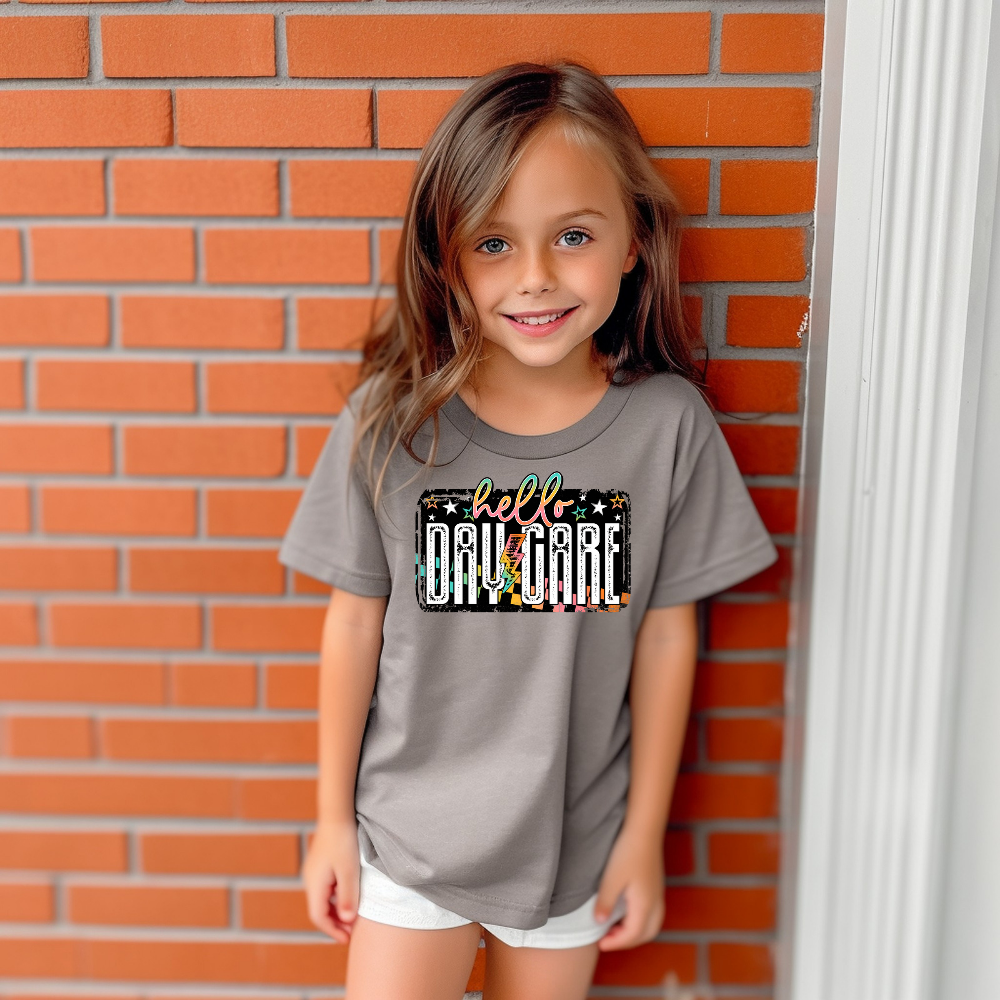 Hello DAYCARE Colorful Grunge Lightening bolt - DTF TRANSFER ONLY kid youth back to school