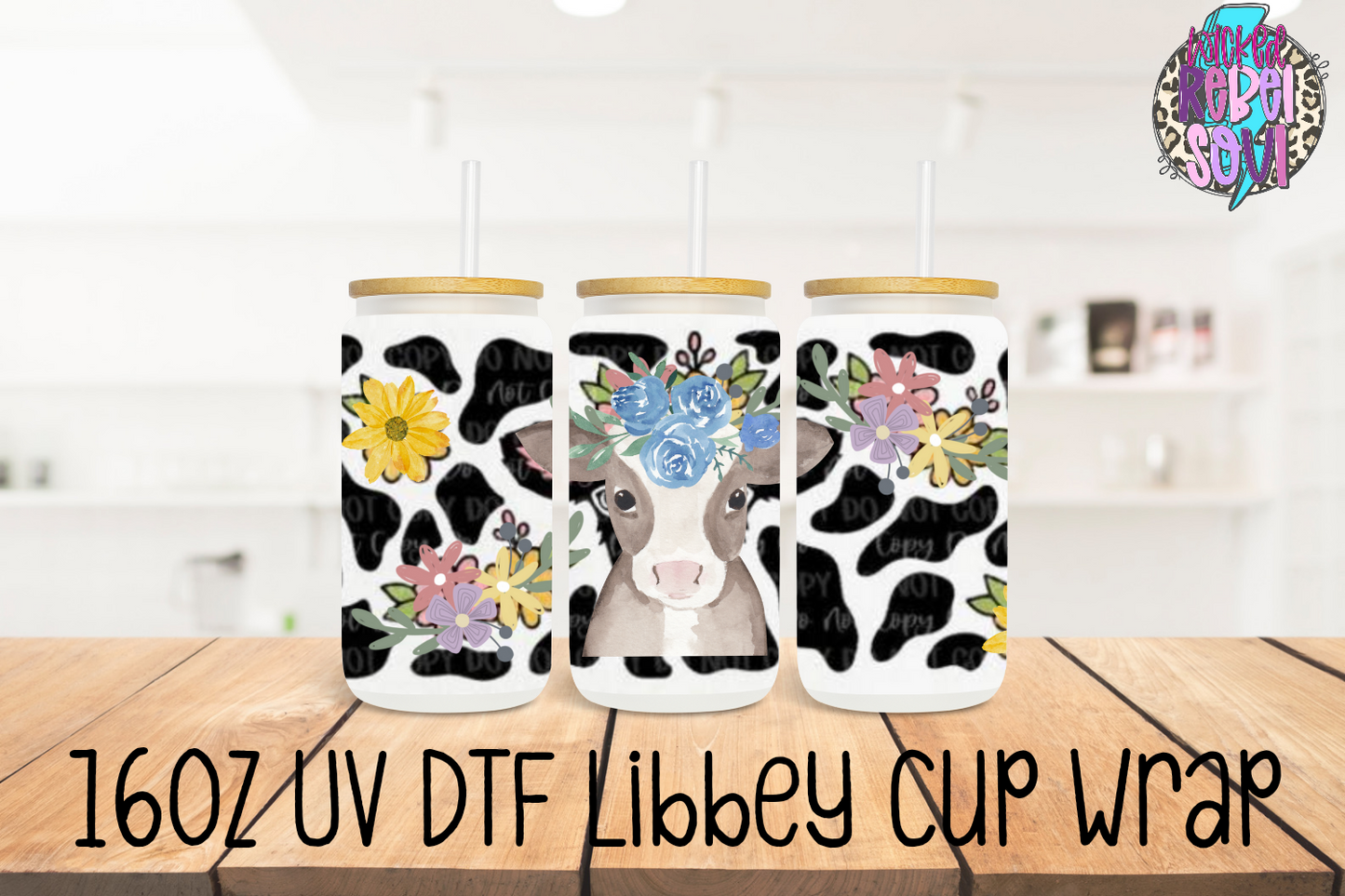 Cow print floral - FOR Libbey glass can 16oz UV DTF cup wrap decal