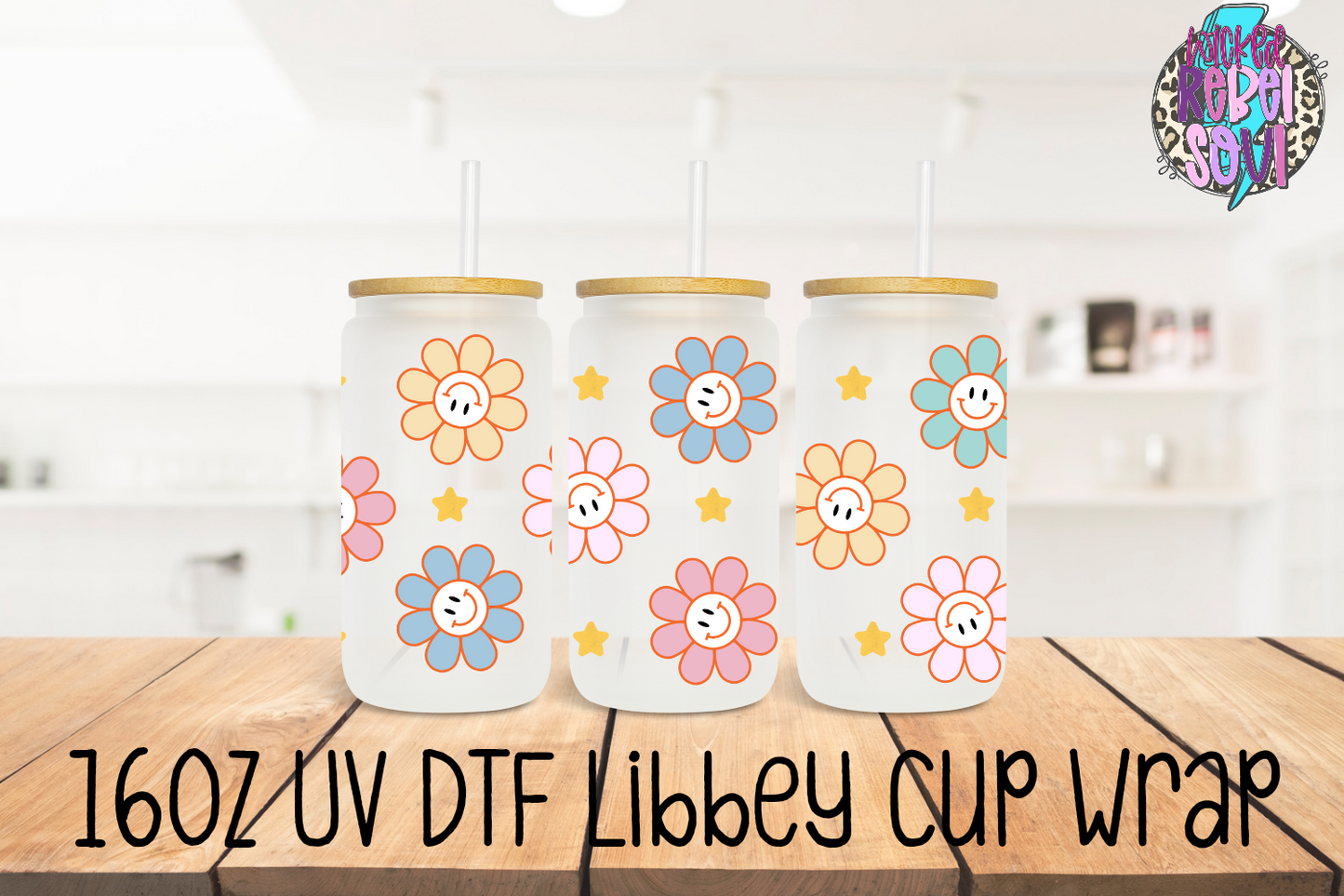 Retro flower smileys - FOR Libbey glass can 16oz UV DTF cup wrap decal