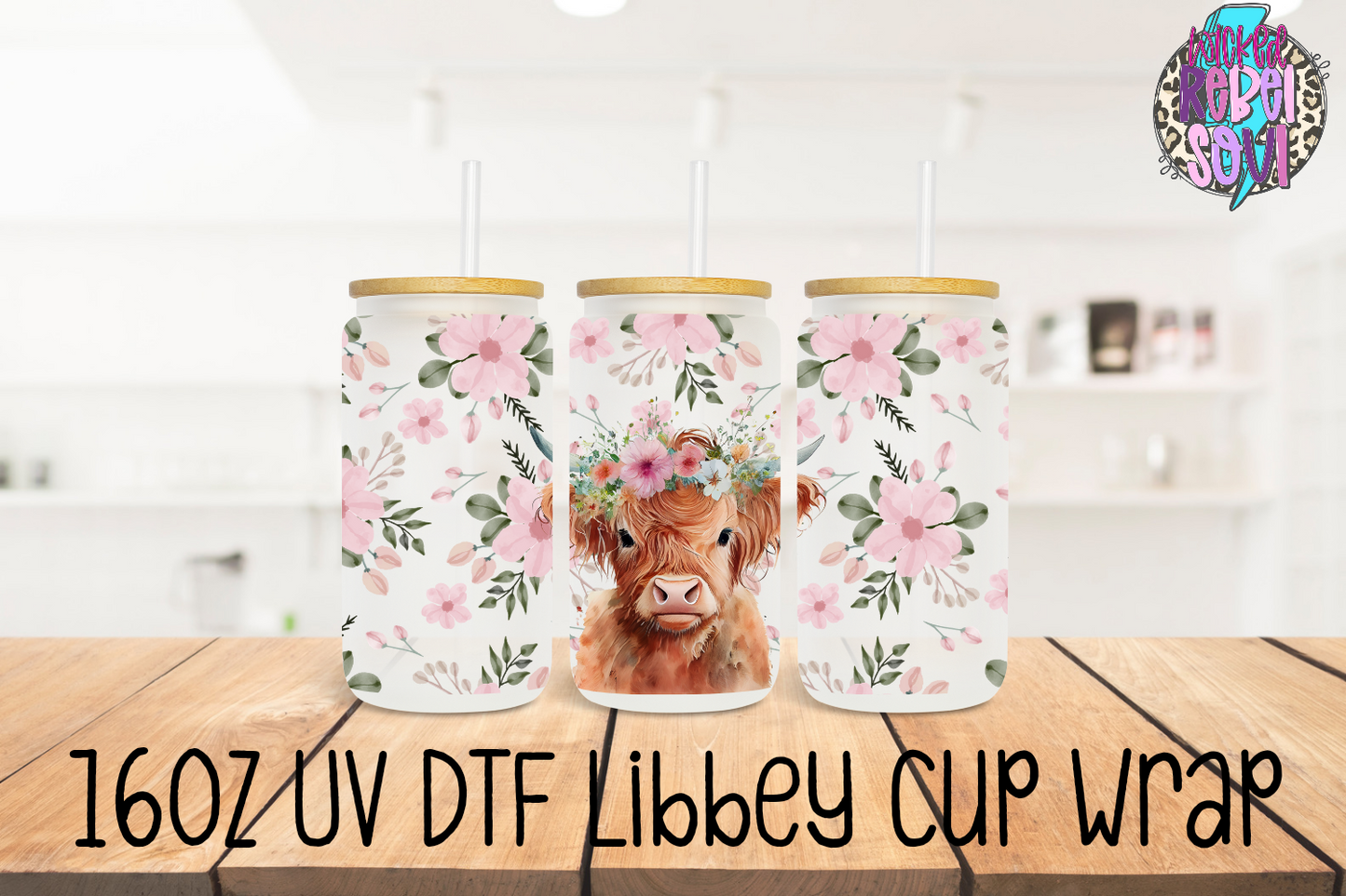 Highland Cow pink floral - FOR Libbey glass can 16oz UV DTF cup wrap decal