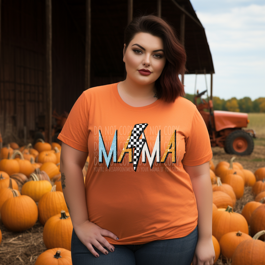 Mama blue orange lightening bolt checkered - DTF TRANSFER ONLY