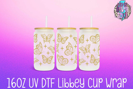 Gold Butterflies - FOR Libbey glass can 16oz UV DTF cup wrap decal