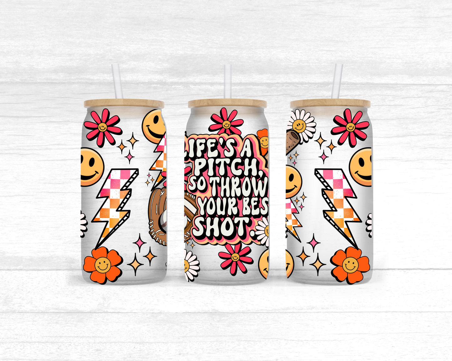 Life's a pitch baseball - FOR Libbey glass can 16oz UV DTF cup wrap decal (SSDa)