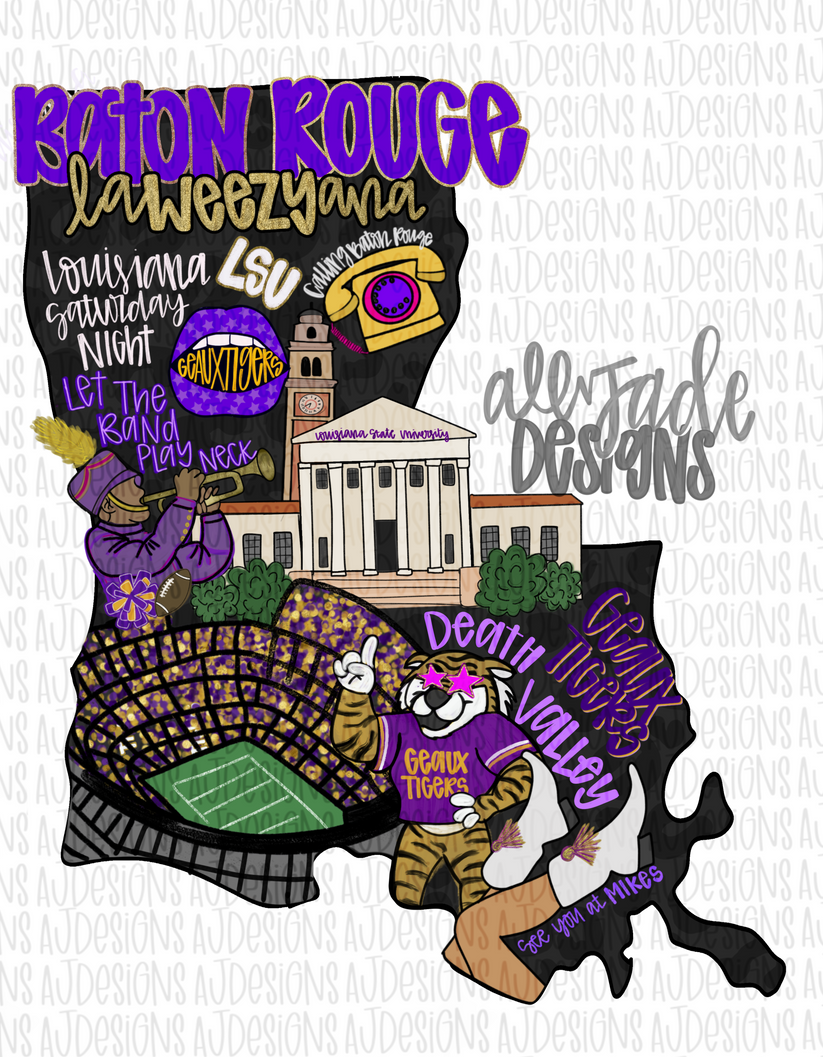 LSU purple - Colorful state mascot collage ; DTF TRANSFER