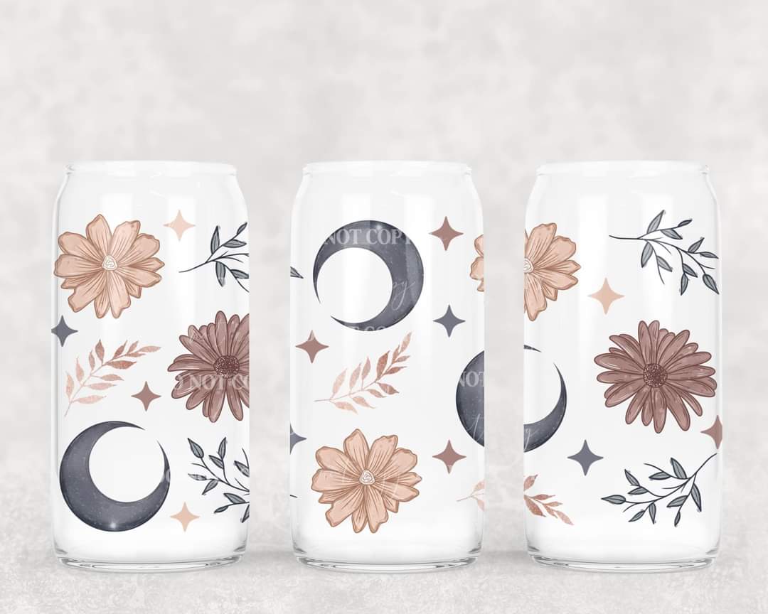 Black and neutral moon and flowers - UV dtf wrap 16oz libbey : CSC