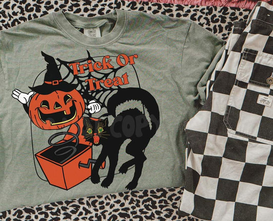 Trick or treat cat & jack in the box pumpkin - DTF TRANSFER (Vintage Halloween Collab)