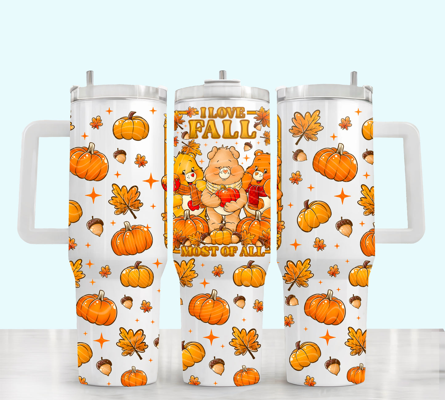 Carebears fall ; UV DTF 40OZ TUMBLER Wrap (top & bottom) Holiday kickoff collab