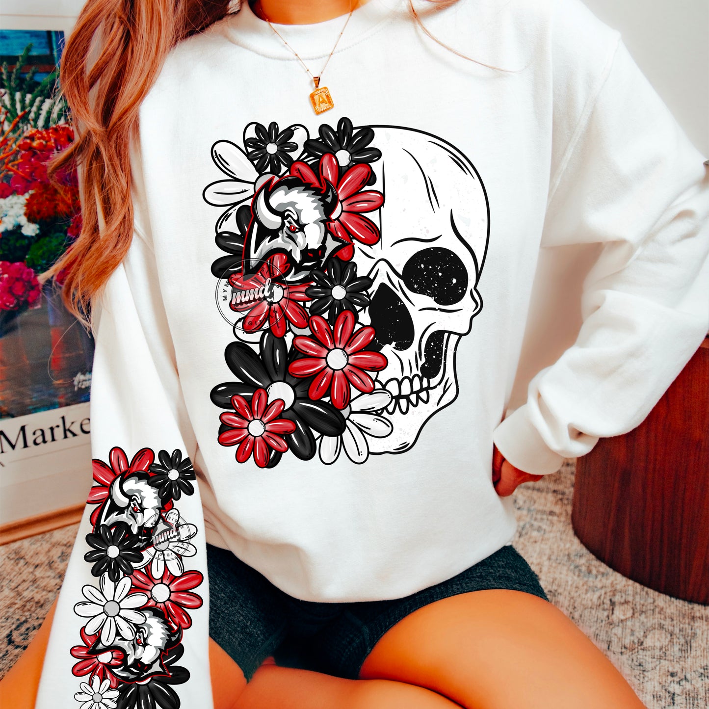 Skellie Red black Buffalo - DTF TRANSFER (floral letters & skellies & sleeves MMD)