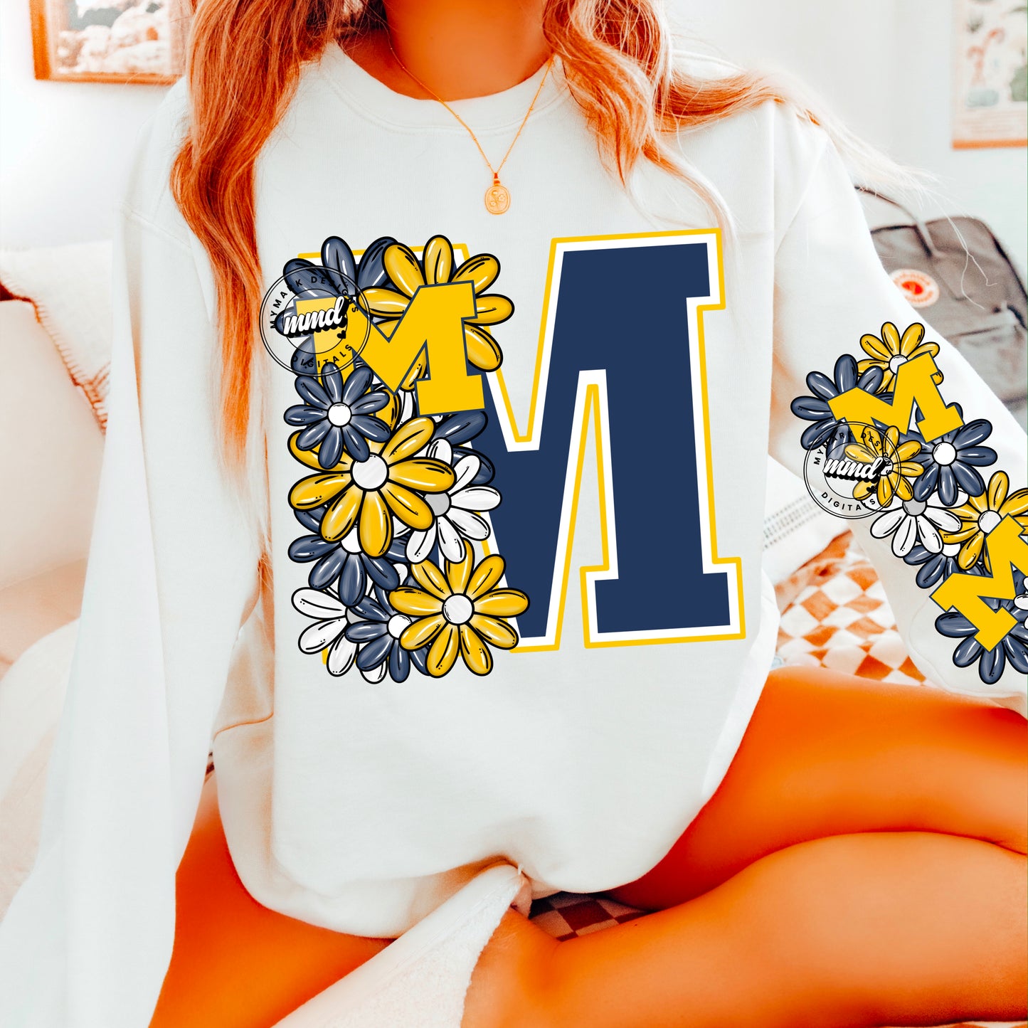 M yellow navy - DTF TRANSFER (floral letters & skellies & sleeves MMD)