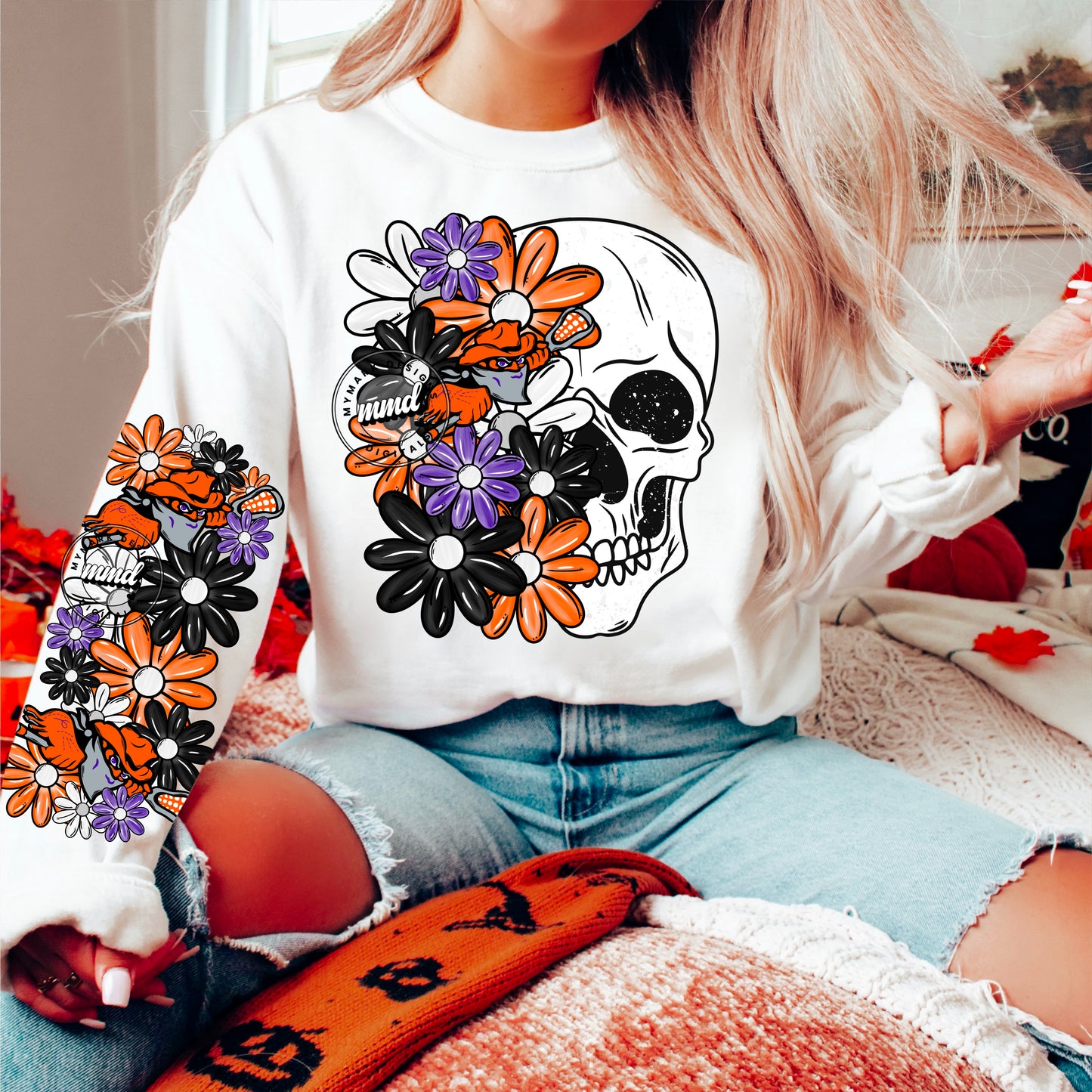 Skellie purple orange - DTF TRANSFER (floral letters & skellies & sleeves MMD)