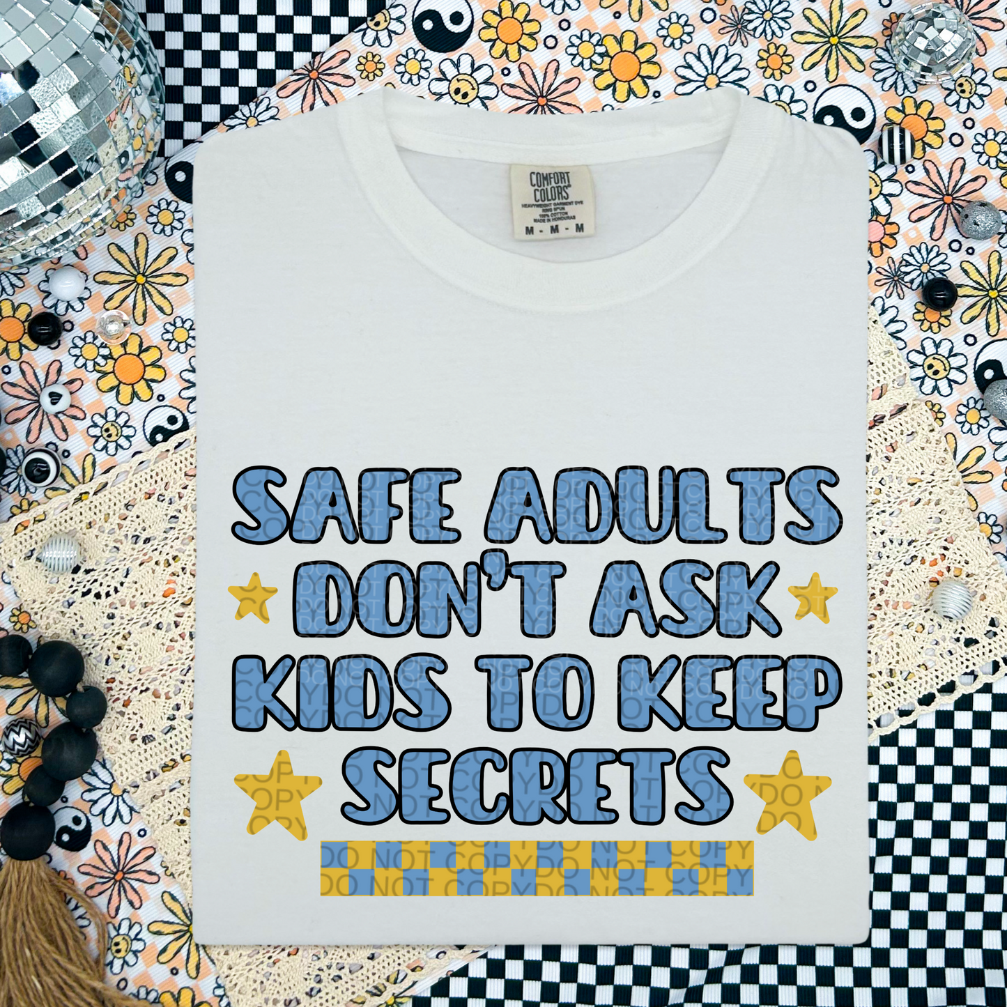 Blue/yellow Safe adults don't ask kids to keep secrets - DTF TRANSFER