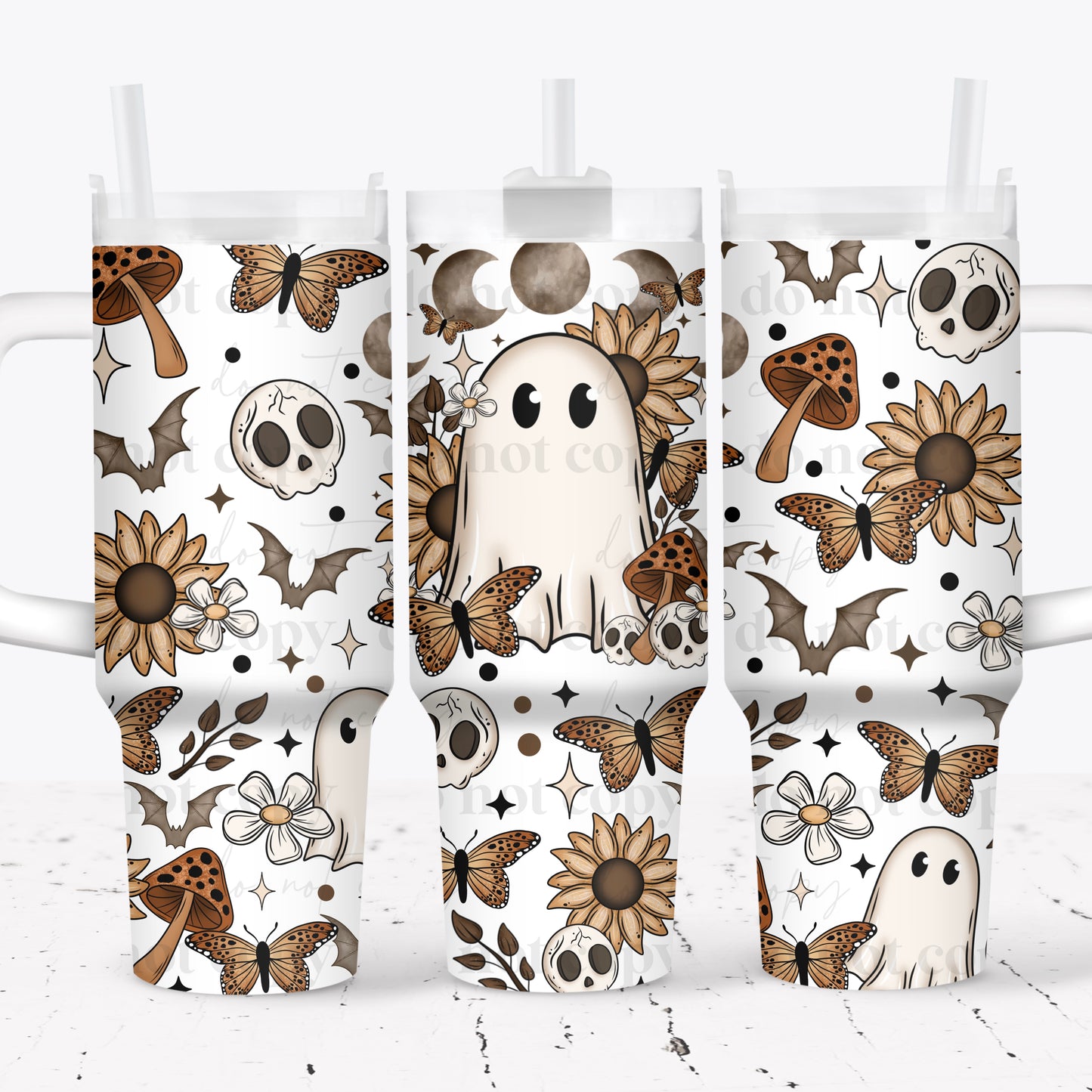 Boho ghost skull sunflower ; UV DTF 40OZ TUMBLER Wraps (top & bottom) (CSC)