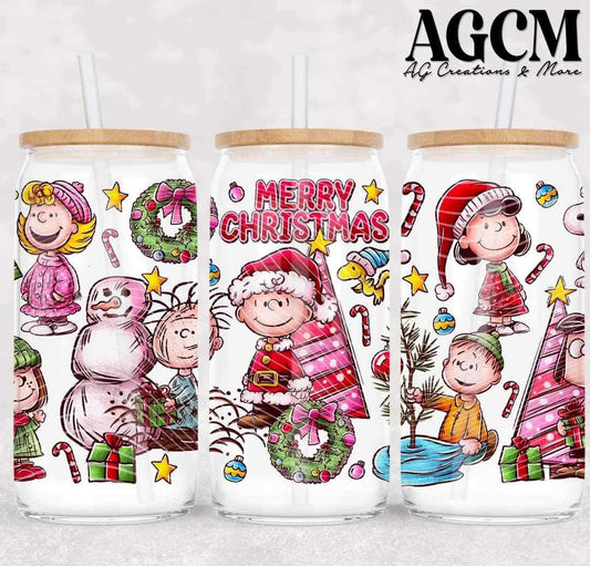 Brown pink Xmas - FOR Libbey glass can 16oz UV DTF cup wrap decal (AGCM Oct24)