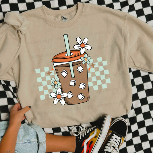 Checkered Daisy Iced Coffee - DTF TRANSFER