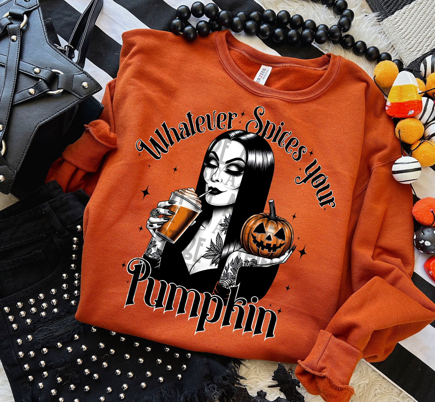 Whatever spices your pumpkin Morticia black stars- DTF TRANSFER (EDD)