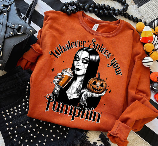 Whatever spices your pumpkin Morticia black stars- DTF TRANSFER (EDD)