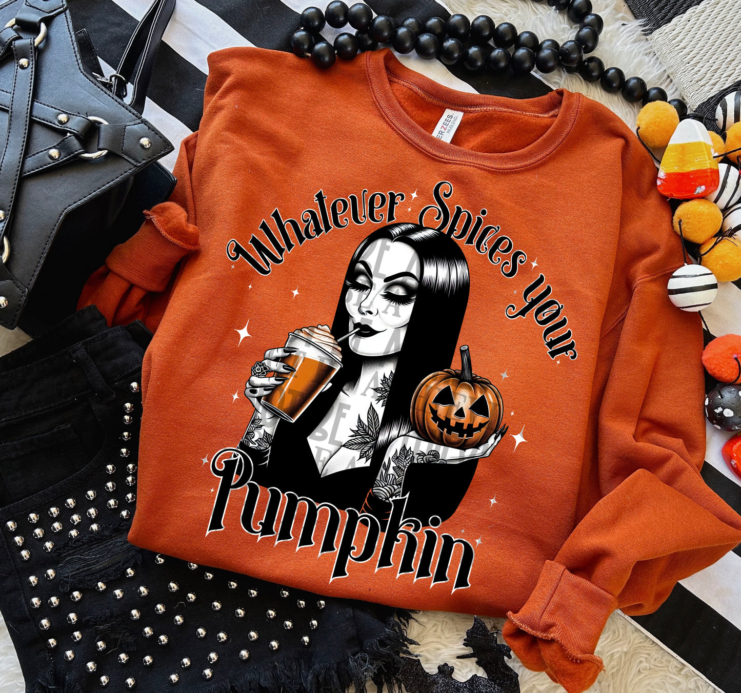 Whatever spices your pumpkin Morticia white stars- DTF TRANSFER (EDD)