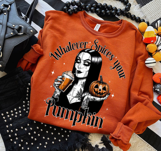 Whatever spices your pumpkin Morticia white stars- DTF TRANSFER (EDD)