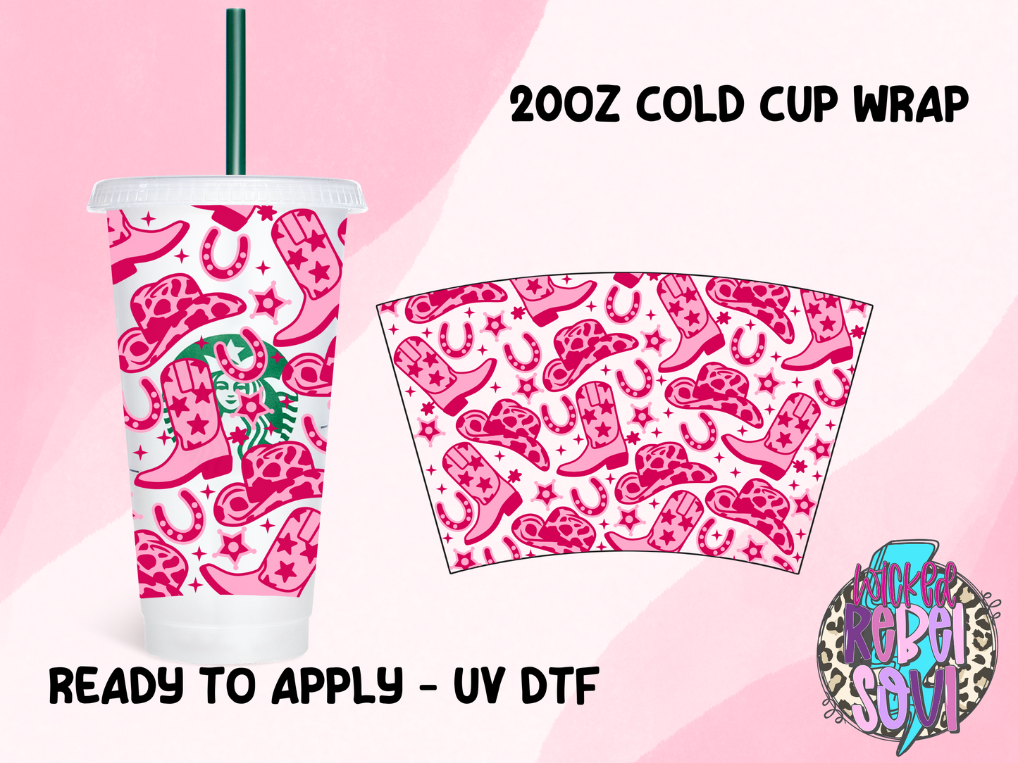 Cowgirl western pink boots 20oz UV DTF CUP WRAP