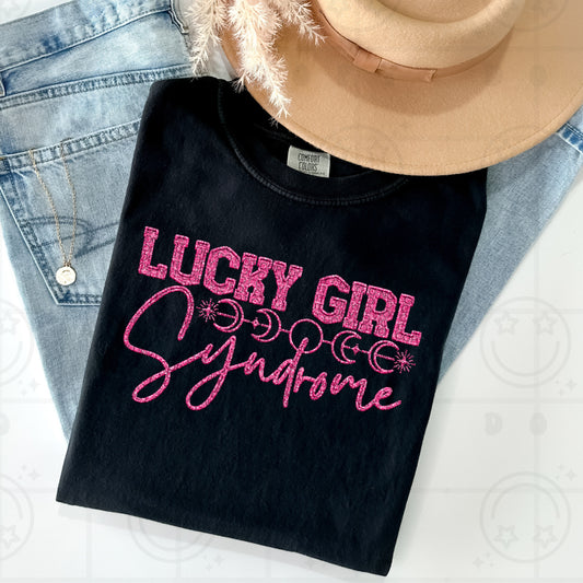 Lucky girl syndrome,  pink faux embroidery-DTF TRANSFER (HWD/F25)