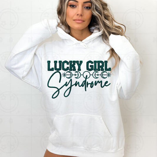 Lucky girl syndrome, teal faux embroidery-DTF TRANSFER (HWD/F25)