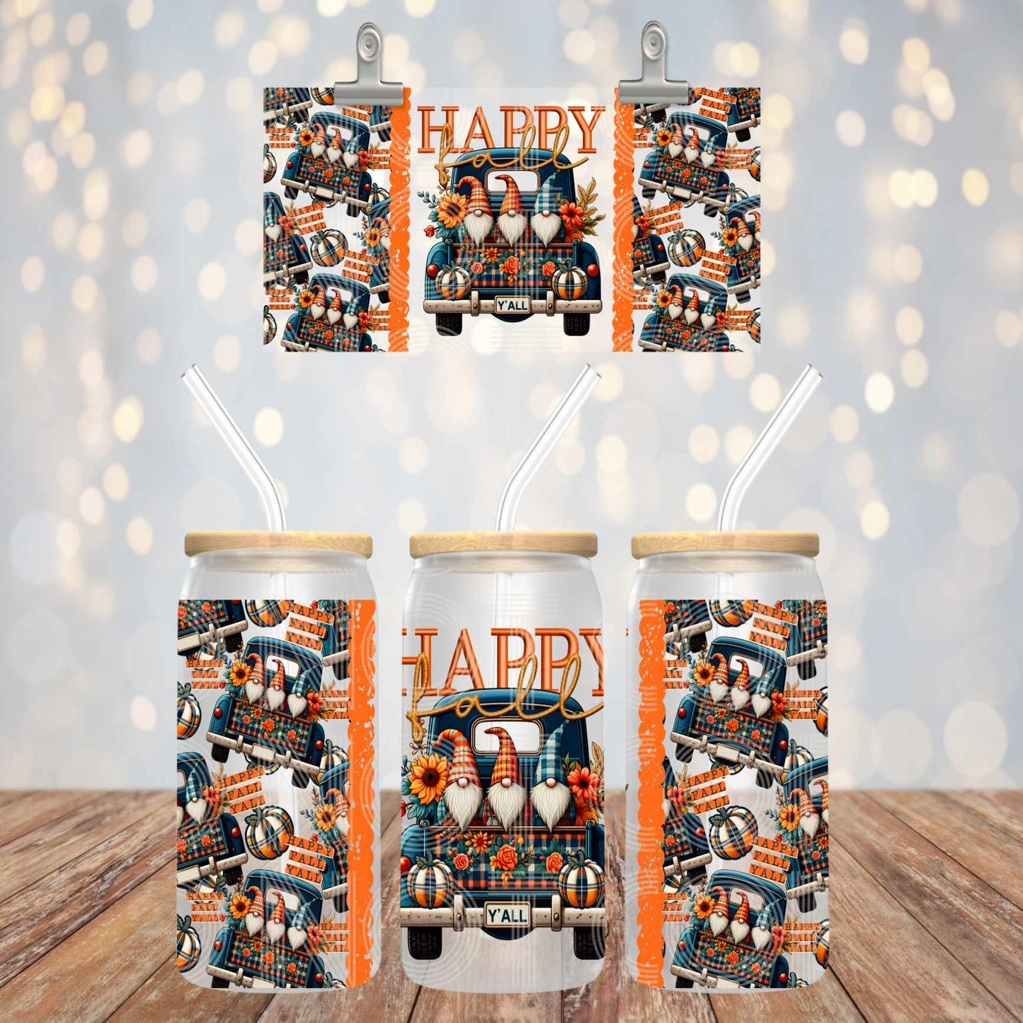 Happy Fall Y'all gnomes - Libbey glass can 16oz UV DTF cup wrap decals for tumblers (TED)