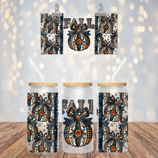 Fall patchwork pumpkin - Libbey glass can 16oz UV DTF cup wrap decals for tumblers (TED)