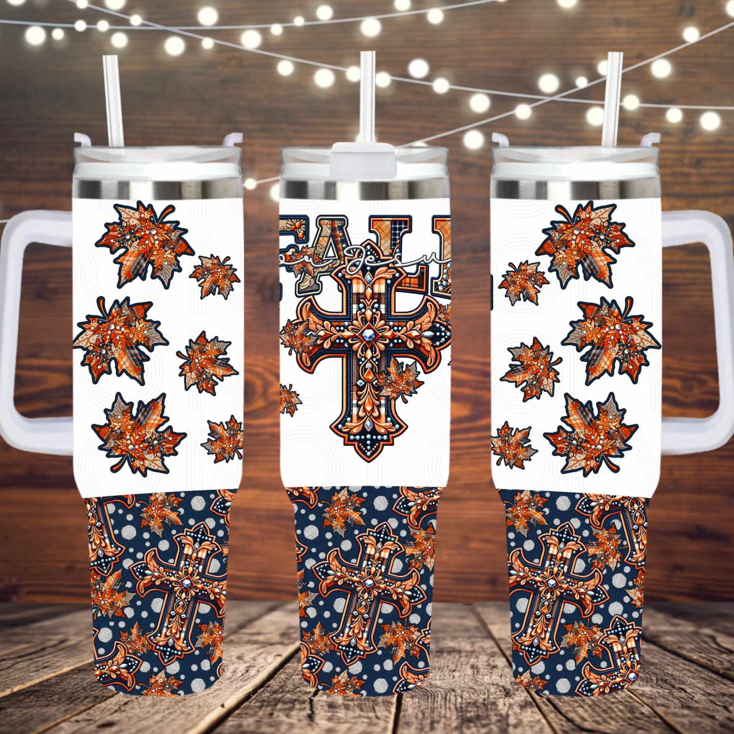 Fall for Jesus faux embroidery rhinestones ; UV DTF 40OZ TUMBLER Wraps (top & bottom) (TED)