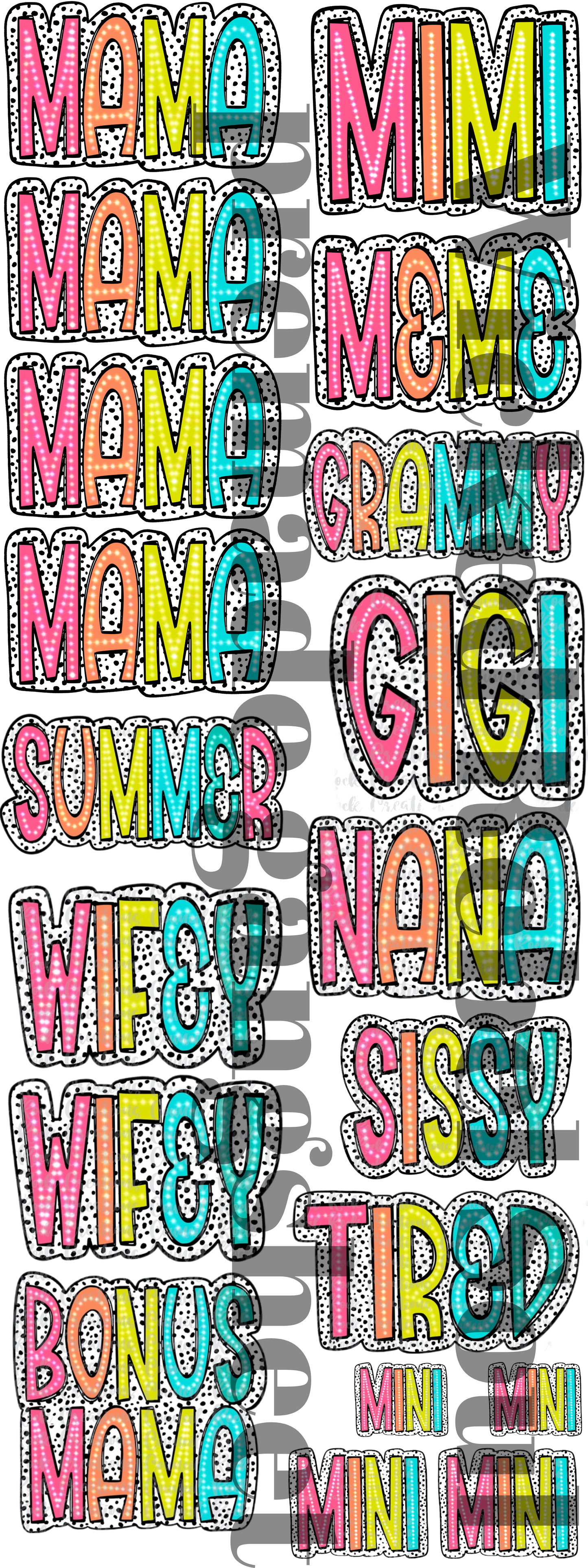 Mix of names dalmatian dots colorful ; premade gang sheet