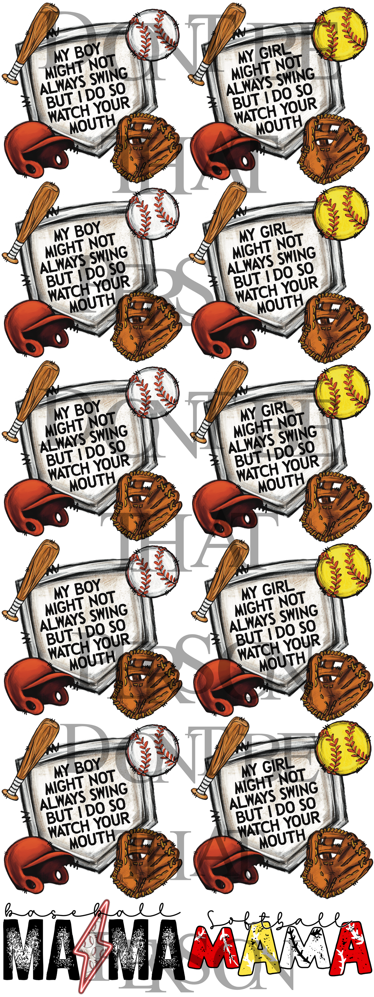 Baseball and softball mix swing design ; premade gang sheet