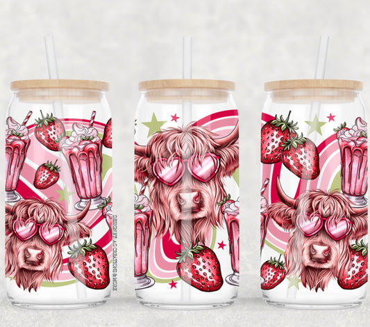 Strawberry milkshake highland cow - UV dtf wrap 16oz libbey : AGCM