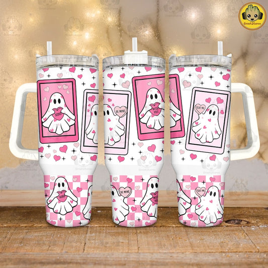 Valentine pink ghosts ; UV DTF 40OZ TUMBLER Wrap (top & bottom)