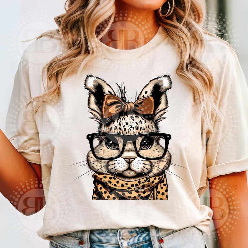 Leopard print bunny with glasses - DTF TRANSFER ONLY