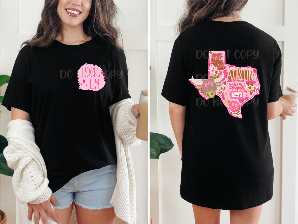 Hook em Austin Texas ; preppy pink mascot drop ; DTF TRANSFER