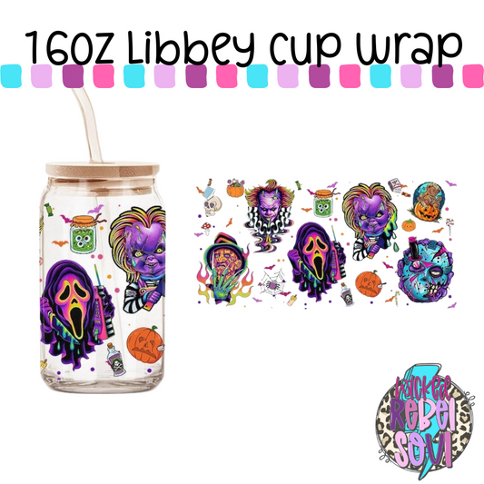 Colorful horror movies glass can 16oz UV DTF cup wrap decals for tumblers