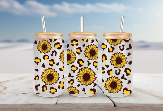 Sunflowers & cheetah print Libbey 16oz UV DTF cup wrap