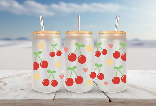 Cherries seamless with hearts FOR Libbey glass can 16oz UV DTF cup wrap decals for tumblers