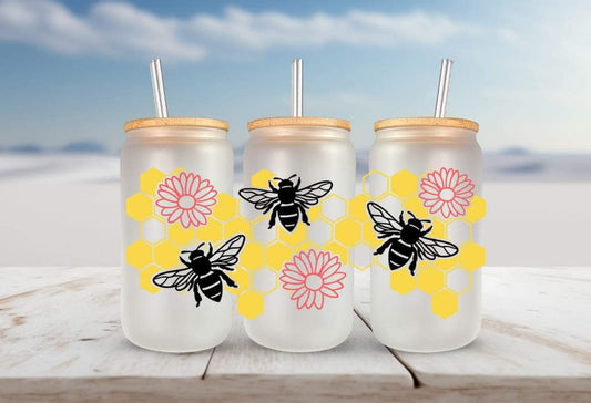 Bees honeycomb flowers FOR Libbey glass can 16oz UV DTF cup wrap decals for tumblers