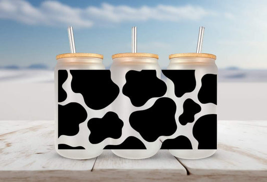 Cow print in black FOR Libbey glass can 16oz UV DTF cup wrap decals for tumblers