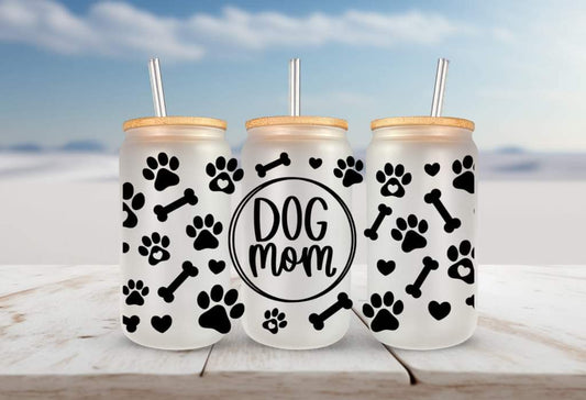 Dog Mom in black FOR Libbey glass can 16oz UV DTF cup wrap decals for tumblers