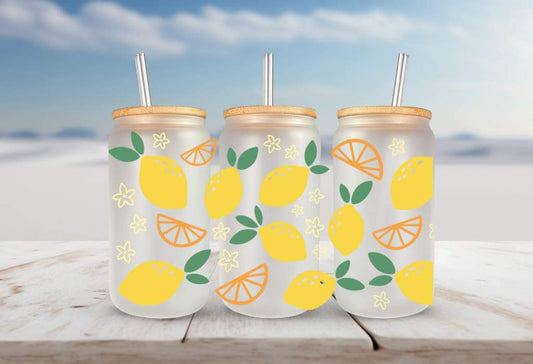 Lemons and lemon slices summer FOR Libbey glass can 16oz UV DTF cup wrap decals for tumblers